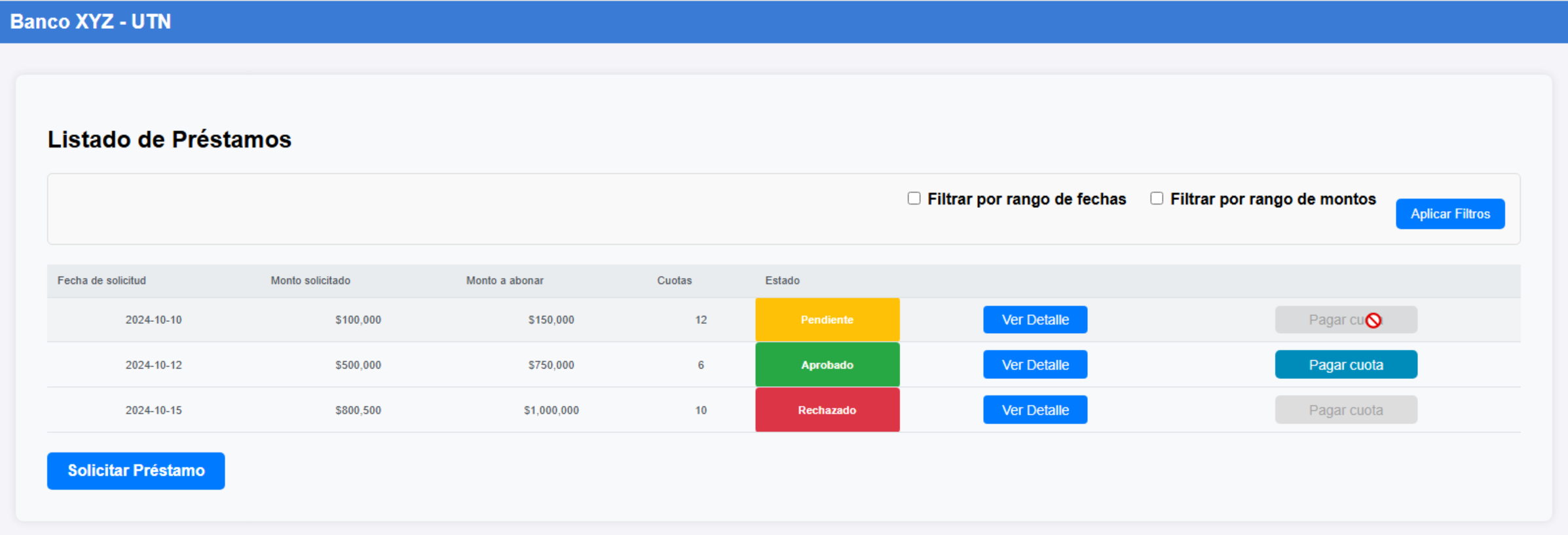 Captura de pantalla del Sistema de Gestión Bancaria