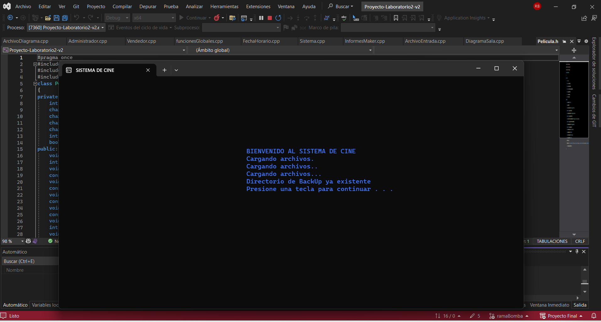 Captura del Software de Gestión de Cine