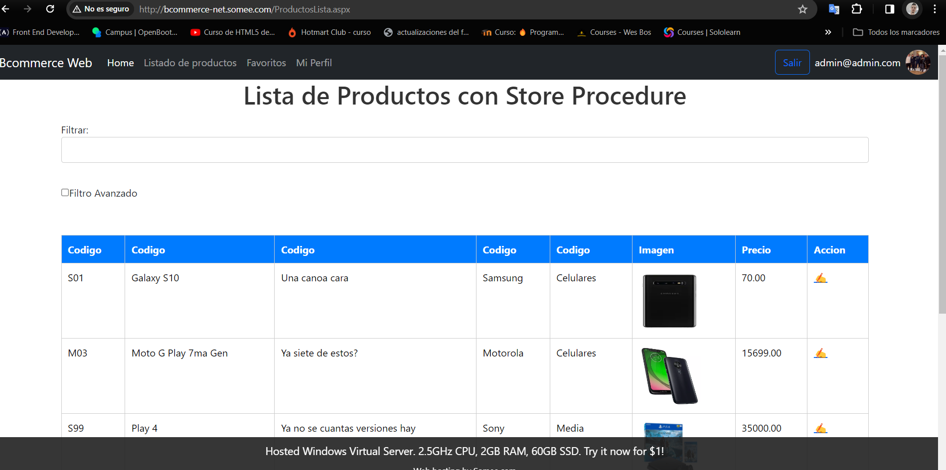 Captura del Ecommerce Web desplegado