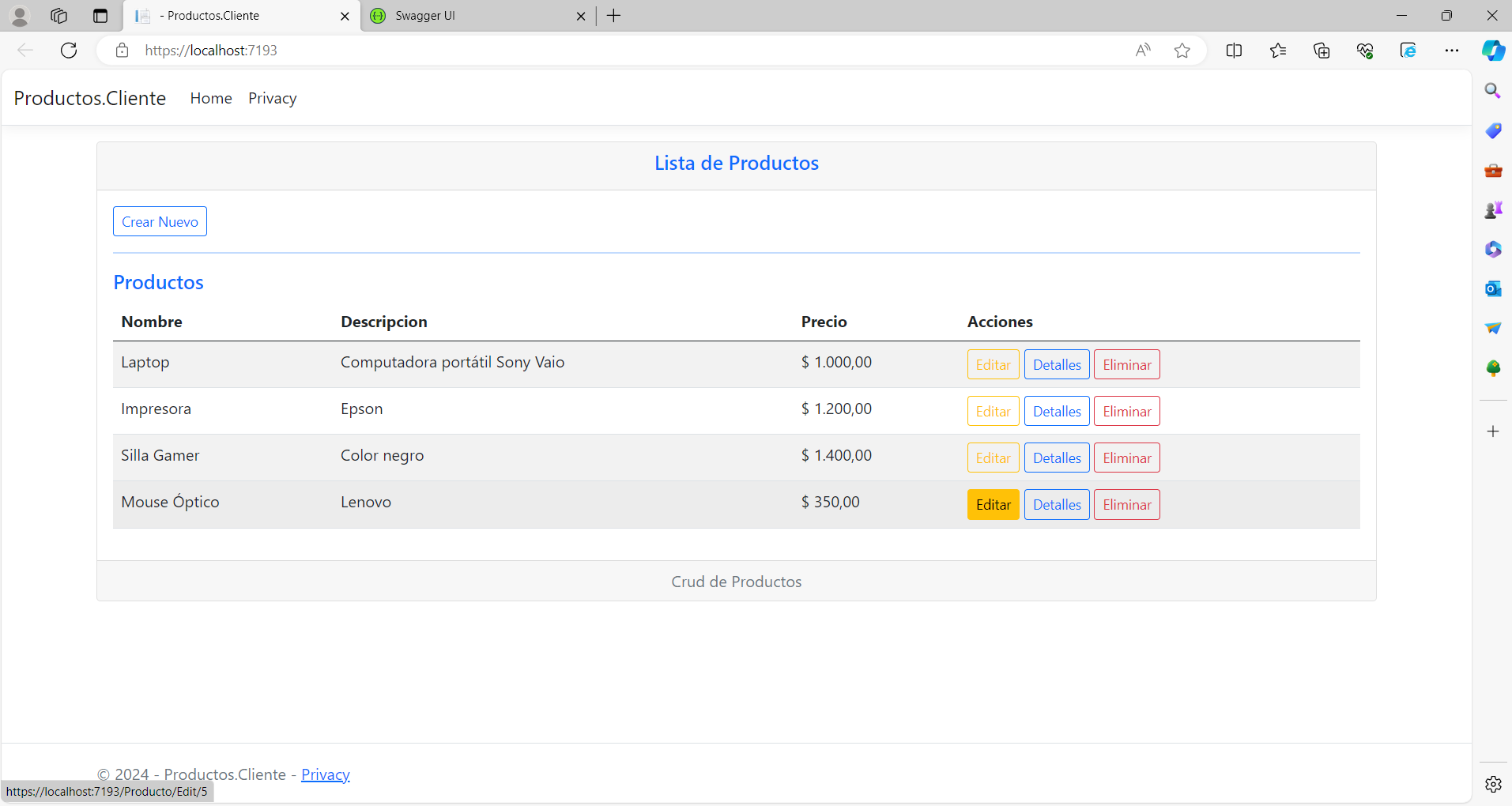 Captura de la WEB API de Productos