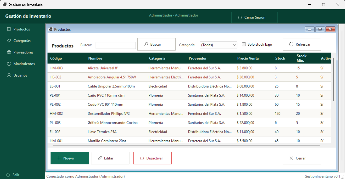 Captura del proyecto Sistema de stock